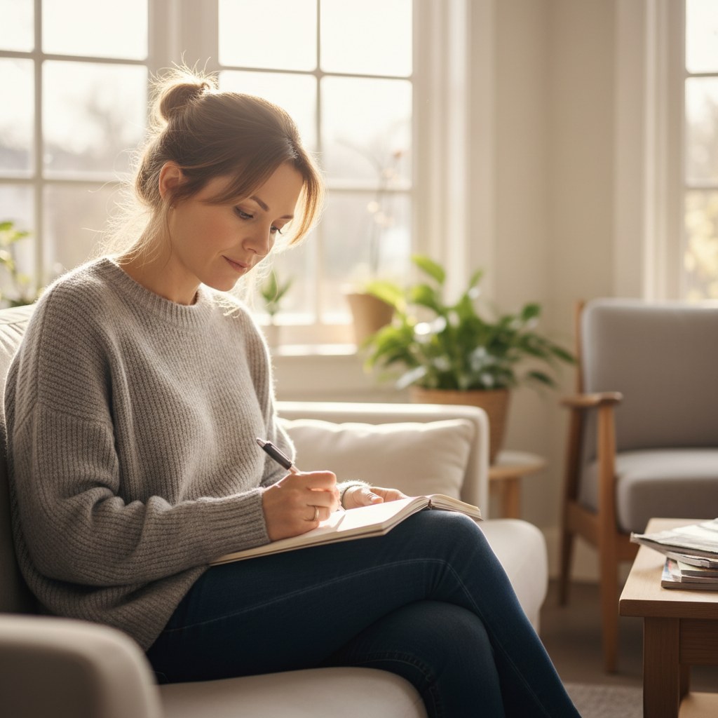 Adult writing chiropractic care questions in a sunlit Knoxville waiting area